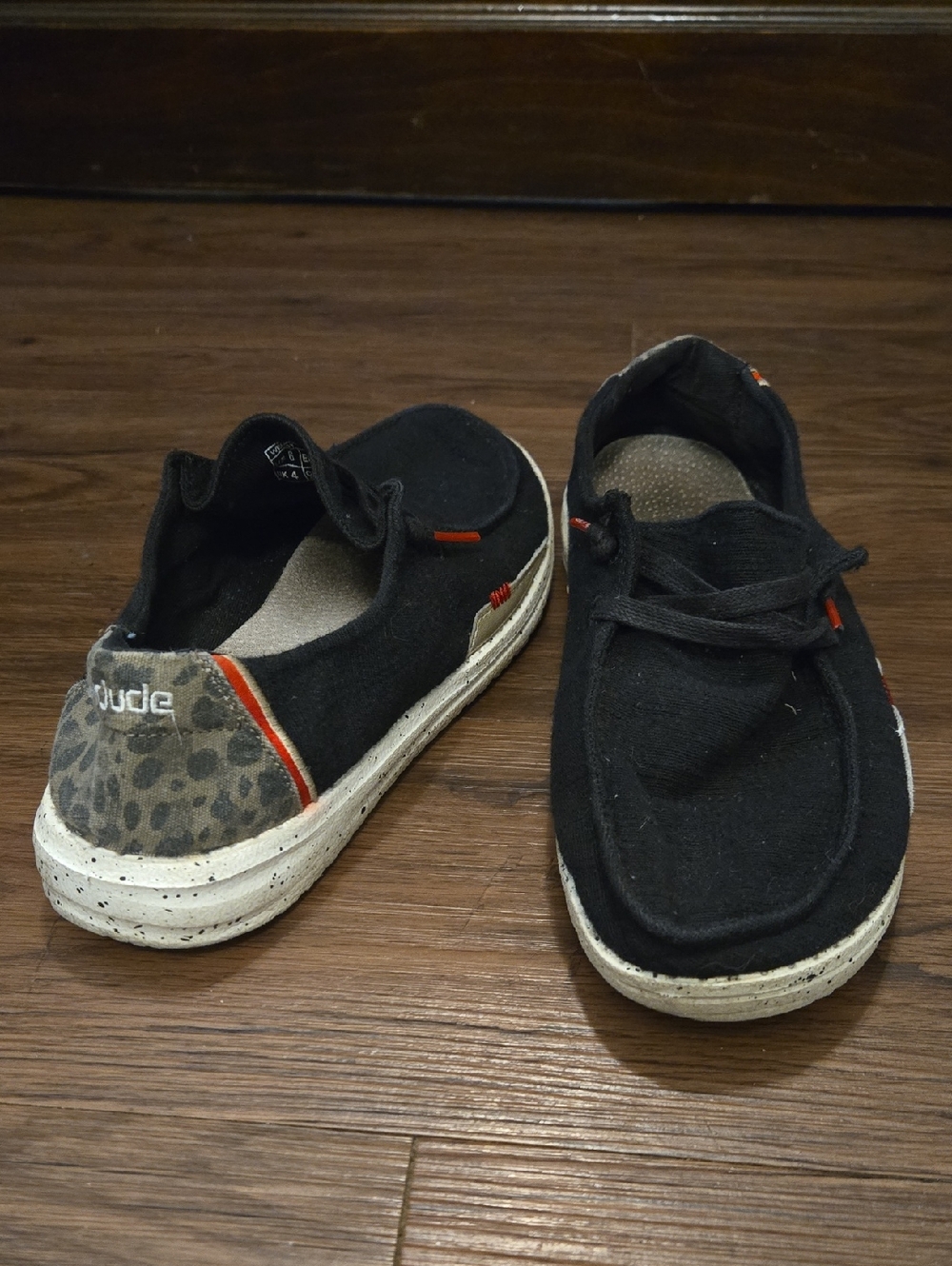 Hey Dude Black Canvas Sneakers with Leopard Heel Accent